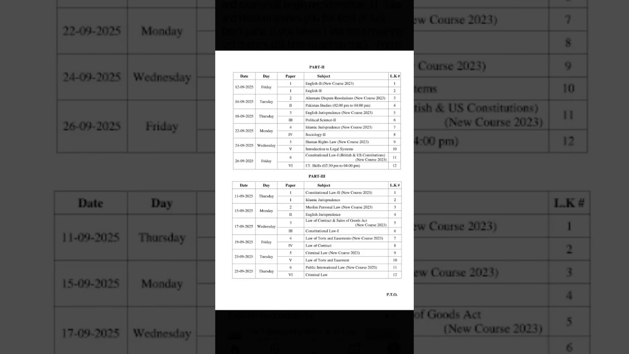 Original Date Sheet of llb part II/III 2025