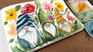 Watercolor Journal Day 80 (Drawing and Painting a Spring Gnome Trio)