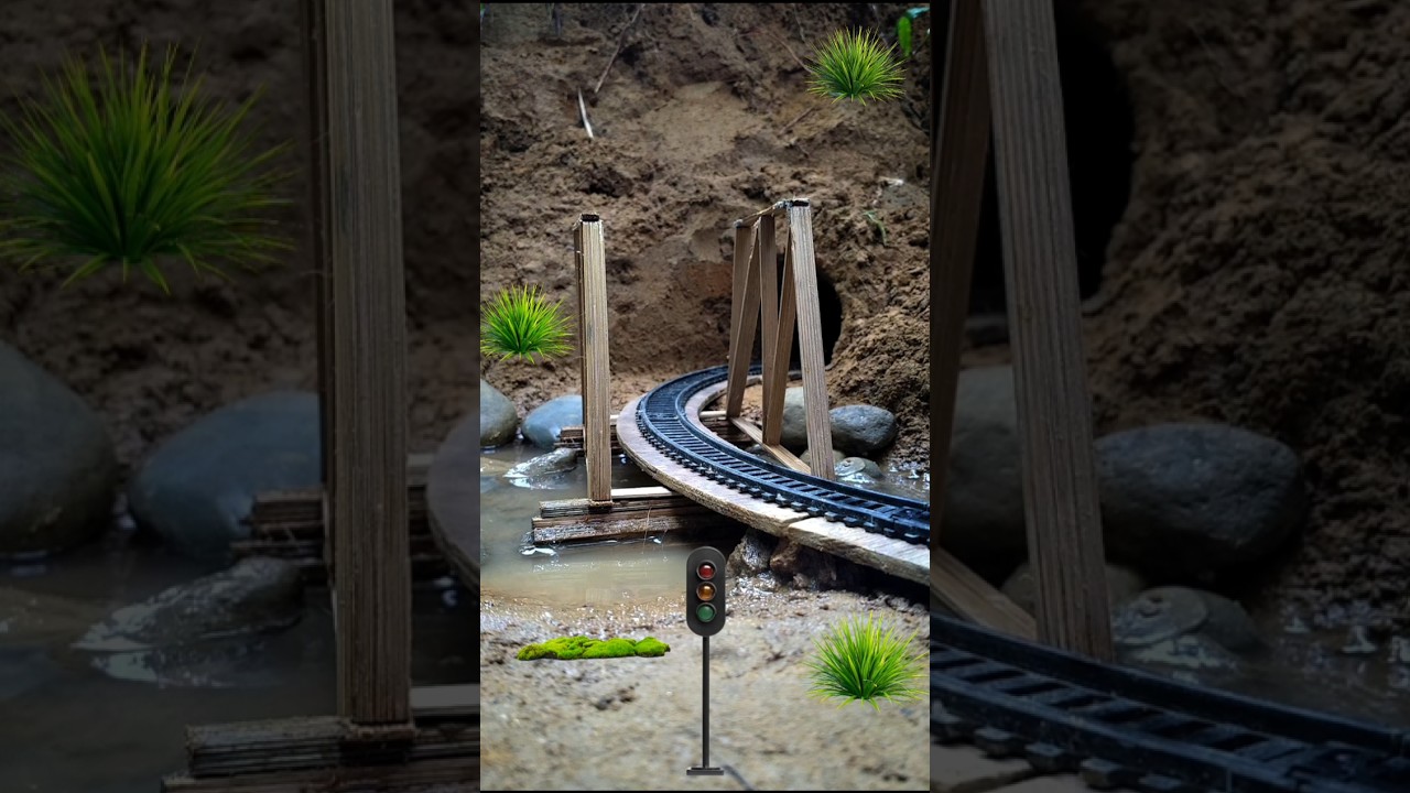 Realistic Miniature Train Scene | Diorama Bridge Crossing with Signal Light | 4K Cinematic