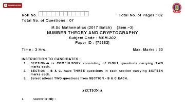MSC MATHEMATICS 3RD SEM NUMBER THEORY AND CRYPTOGRAPHY DEC 2018 | PTU
