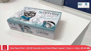 ONE PASS print + 2D/3D UV varnish on e-Flute Offset Coated 1,5mm on AlphaJET  at DRUPA 2024