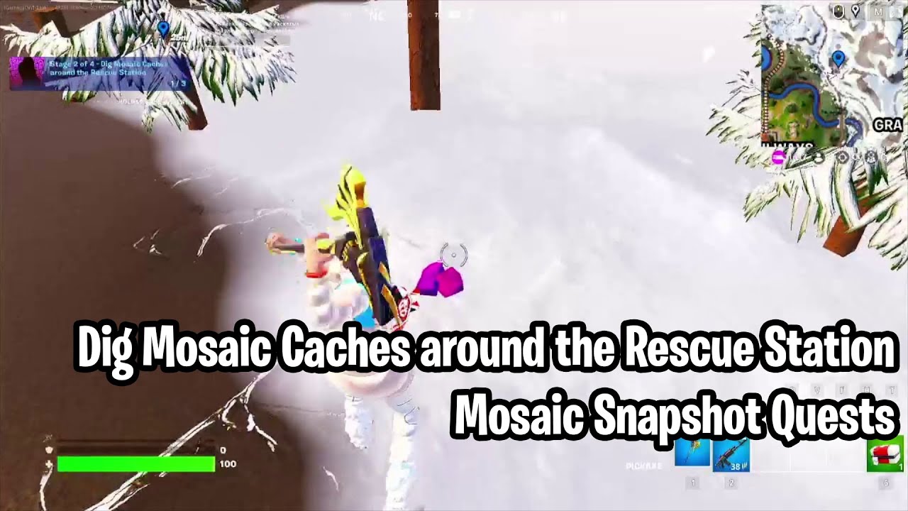 WHERE and Dig Mosaic Caches around the Rescue Station  - Mosaic Snapshot Quests-Fortnite Ch5 S1