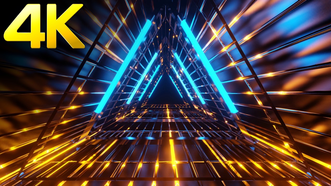 4k Neon Cyberpunk Blue & Gold Triangle Tunnel Abstract Futuristic Background Chill & Relaxing Video