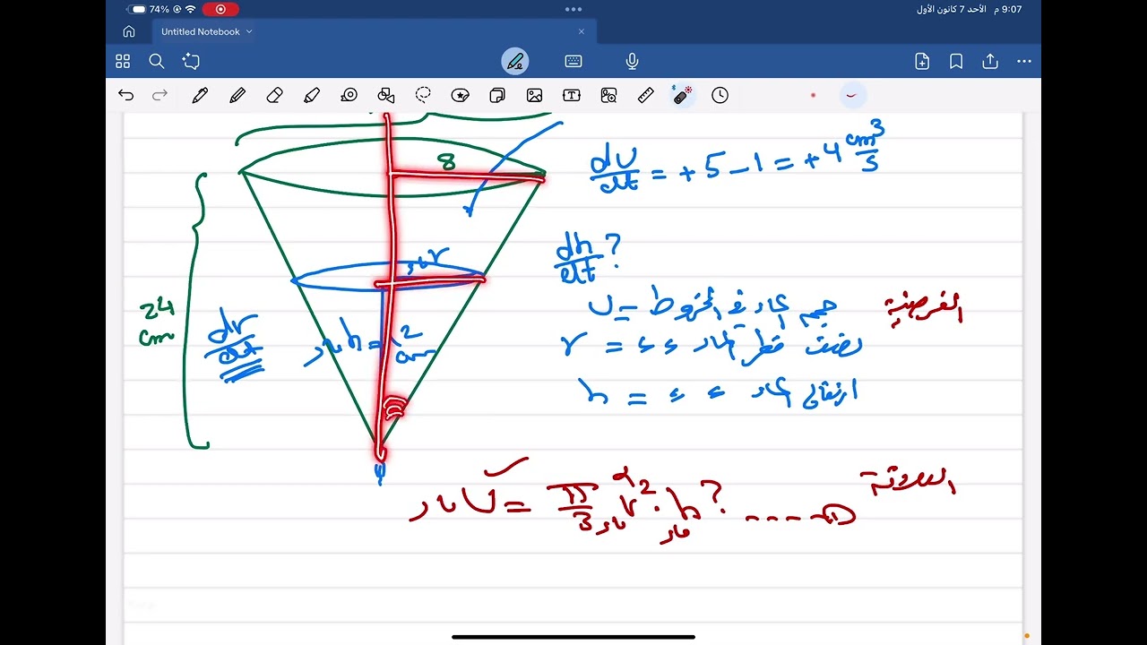 المعدلات الزمنية -حل سؤال المخروط 