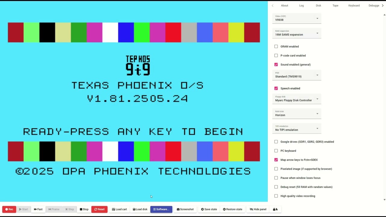 Emulation: TI99'ers based on JS99'er Web Browser - TI-99/4A with Texas Phoenix O/S 9t9