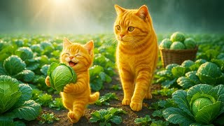 Mama Cat And Kitten Harvest Cabbage For Fresh Salad