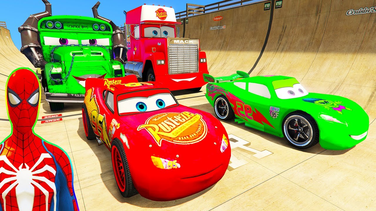 SPIDERMAN McQueen Friends CARS MEGA Hill Ramp ! SUPERHEROES HULK Fight Mack Truck Mega JUMP - GTA V