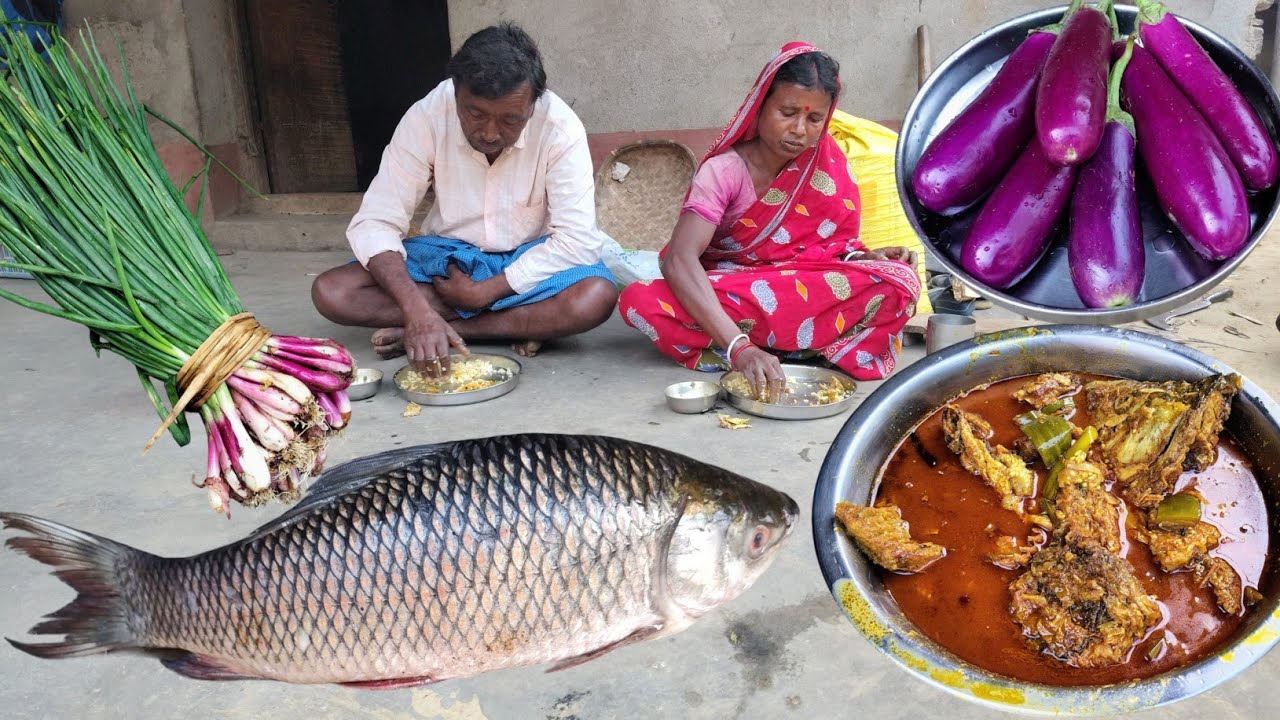 BRINJAL with FISH CURRY Cooking and eating cauliflower with Onion Leaves by tribal parents||rural