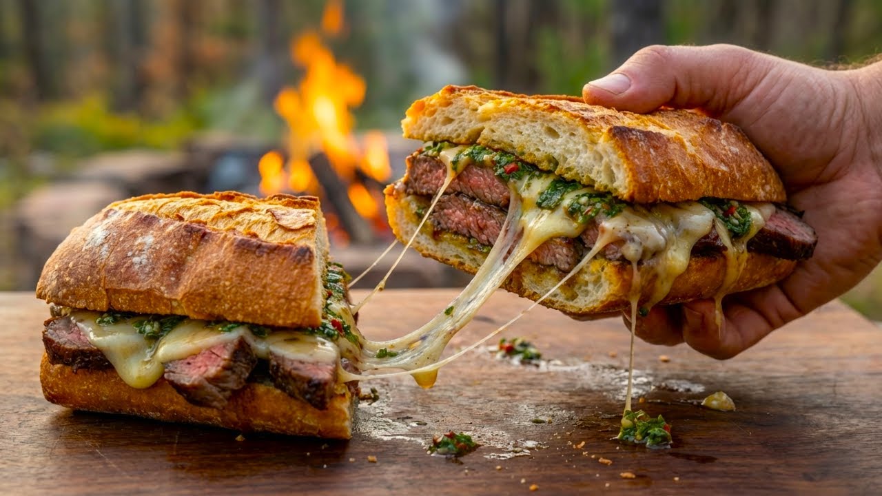 Steak Sandwich with Chimichurri and Melted Cheese (Bushcraft Cooking) 