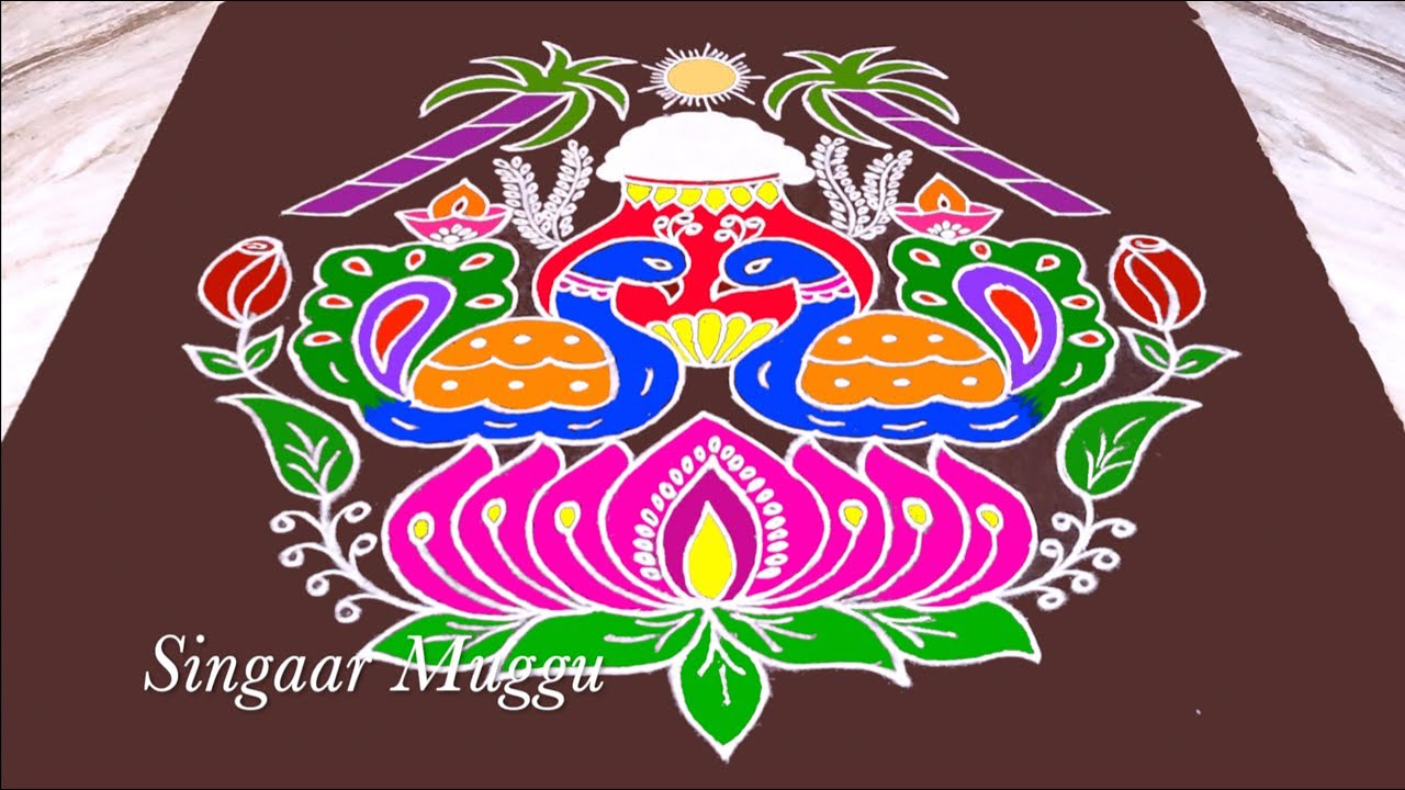 Sankranthi kundala muggulu 16x6 dots | Pongal pot kolam | Diya rangoli | Peacock kolam | Pulli kolam
