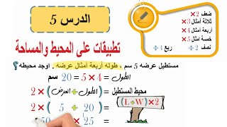 تطبيقات علي المحيط والمساحة   مع مراجعة قوانين الوحدة الرابعة  للصف الرابع الابتدائي