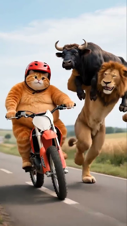 Funny story between fat orange cat and black buffalo #cat #aicat #fatcat #orangecat #animals