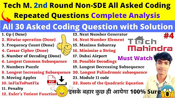 🛑Tech Mahindra Round 2 Non-SDE Tech All Asked Repeated 30 Coding Questions with Solution -Must watch