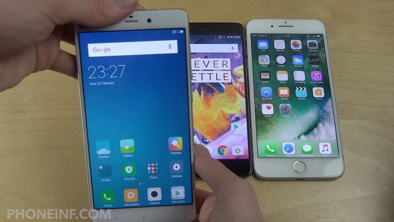 Xiaomi Mi Note MIUI 8.2 vs. OnePlus 3T 7.0 vs. iPhone 7 ...
