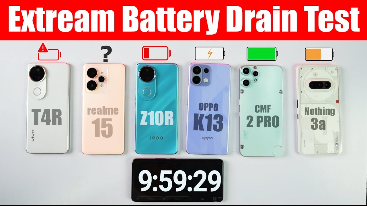 vivo T4R vs iQOO Z10R vs OPPO K13 vs Realme 15 vs CMF Phone 2 Pro vs Nothing 3A Battery Drain Test 🥵