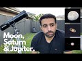 Saturn Through Telescope with Jupiter and Moon, Unboxing and Setup