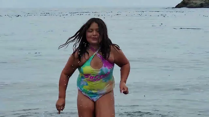 Marlee in freezing cold water at Noyo Beach.