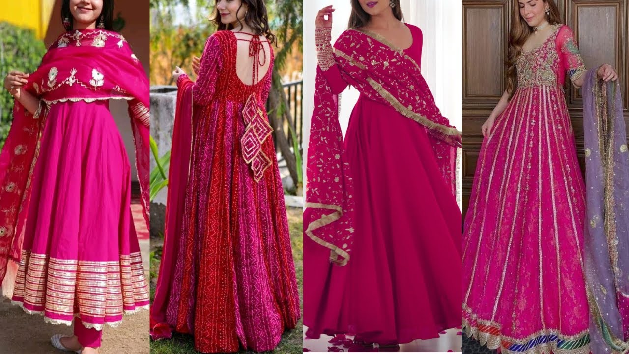 Hot Pink Colour Anarkali suit Design Ideas for Girls 2025/Party Wear Dark Pink Anarkali suit Design