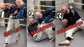 Takedown to instant Submission: Russian tie up to sacrifice throw to Bulldog choke