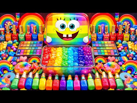 ASMR Clear Slime Mixing 💙💗 Rainbow Eyeshadow + Glitter Charms (So Satisfying)