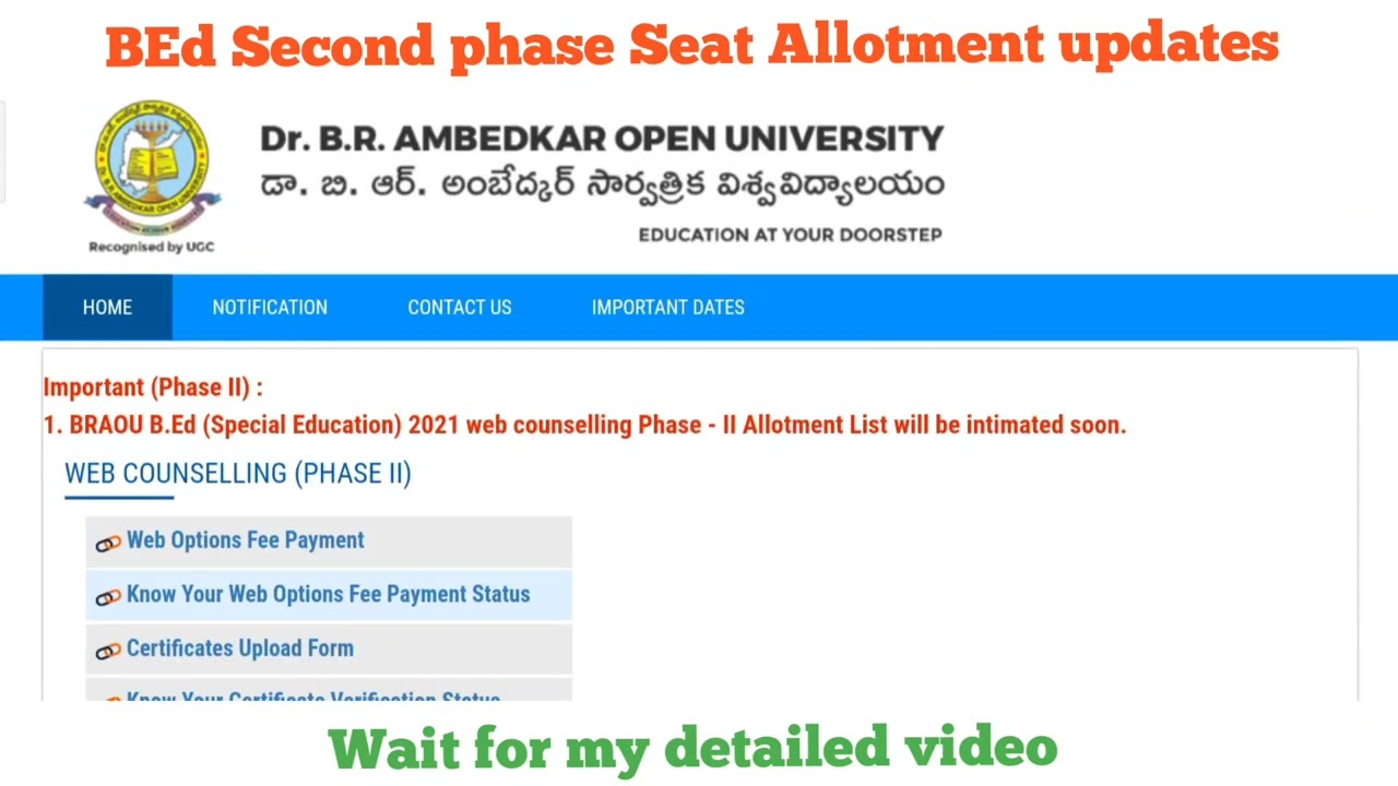 BRAOU B.Ed (Special Education) 2021 web counselling Phase - II Allotment List will be intimated soon