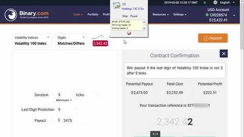 REAL ACCOUNT +$1506 USD Automated Trading Binary.com Volatility (Digits Differs) 8 May 2019