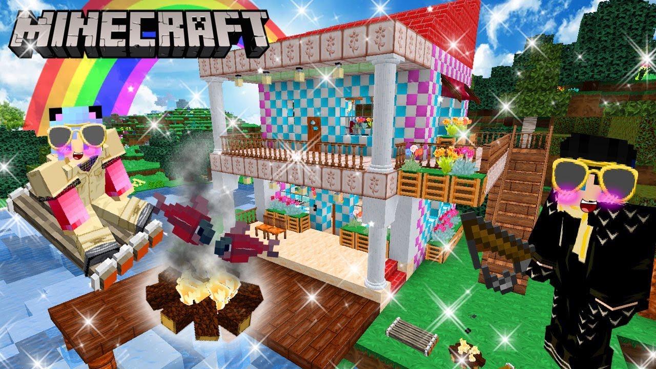 Minecraft สร้างบ้านลายตารางหมากรุกริมน้ำ คราฟแพ ตกปลา ตั้งแคมป์ไฟในป่า build house game