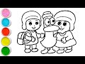 Cute Pocoyo Friends and Pato With School Bag Drawing, Painting and Coloring For Kids and Toddlers