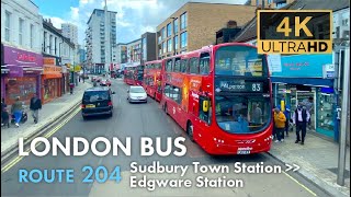 London Bus Ride, Route 204, Double Decker, 4K Virtual Tour. From Sudbury Town Sta. To Edgware Sta.