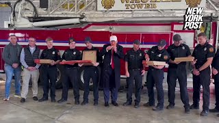 Trump visits with firefighters in Waukee, Iowa ahead of caucuses
