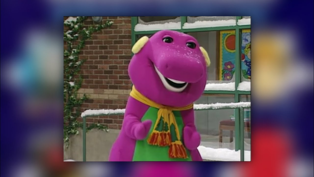 Barney a sunny snowy day