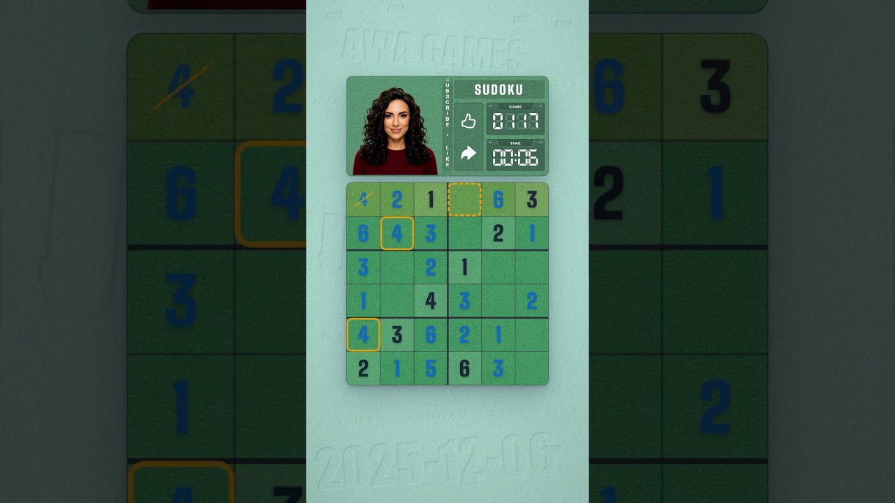 LinkedIn Mini Sudoku #117 solved board for December 6, 2025, 6x6 grid