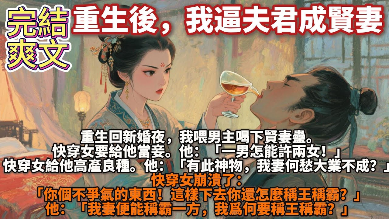 完結爽文：重生後，我逼夫君成賢妻。重生回新婚夜，我喂男主喝下賢妻蠱。快穿女要給他當妾。他：「一男怎能許兩女！」快穿女給他高產良種。他：「有此神物，我妻何愁大業不成？」快穿女崩潰：「你個不爭氣的東西！」