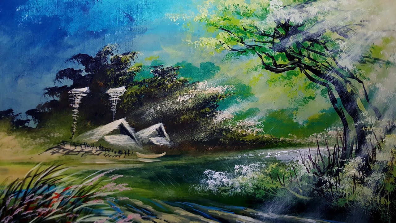  Cara Melukis Pemandangan  Desa dan Sungai Acrylic 