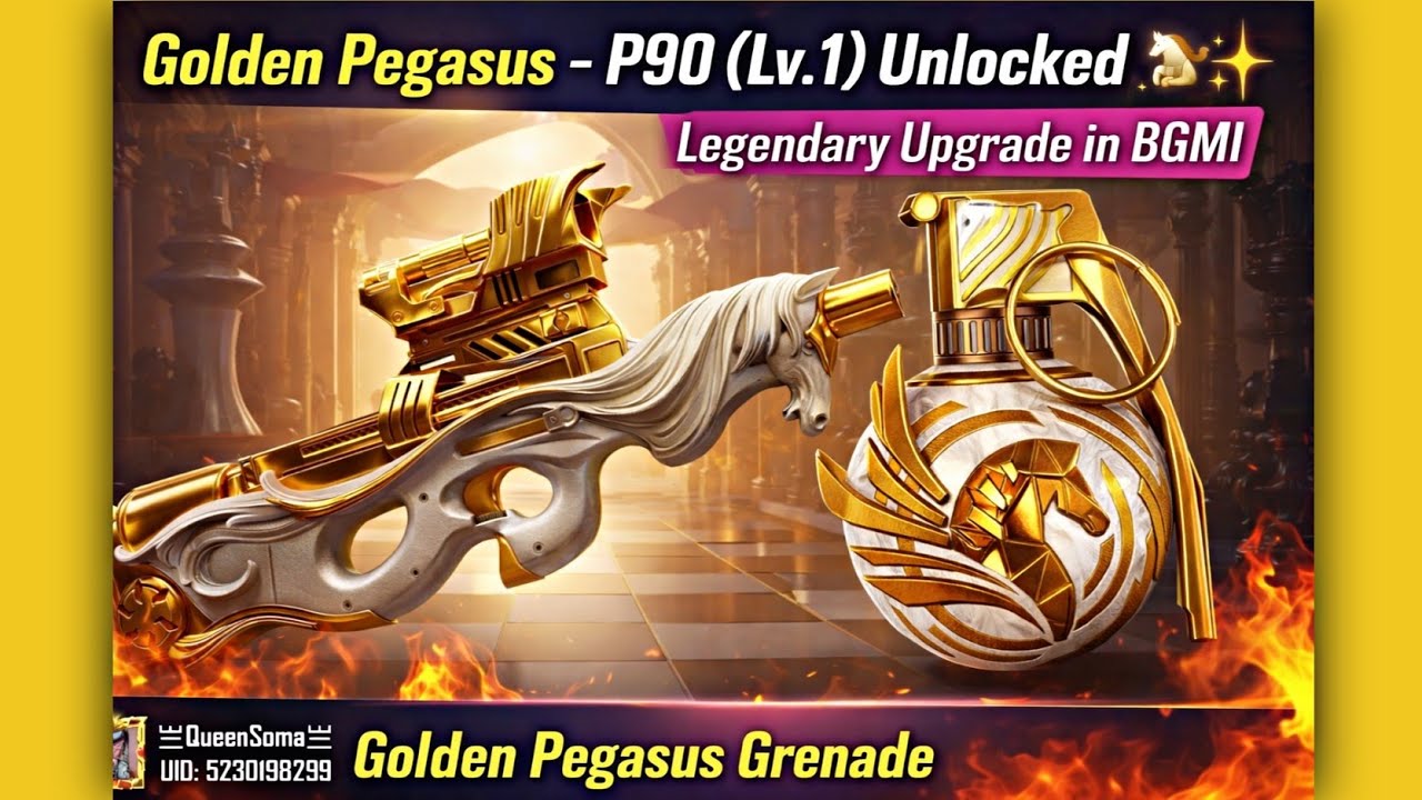 Golden Pegasus – P90 (Lv.1) Unlocked 🐎✨ Golden Pegasus Grenade | Legendary Upgrade in BGMI 