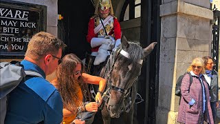 GERMAN TOURIST GETS HER BAG STUCK on the HORSE BIT for several minutes at Horse Guards!