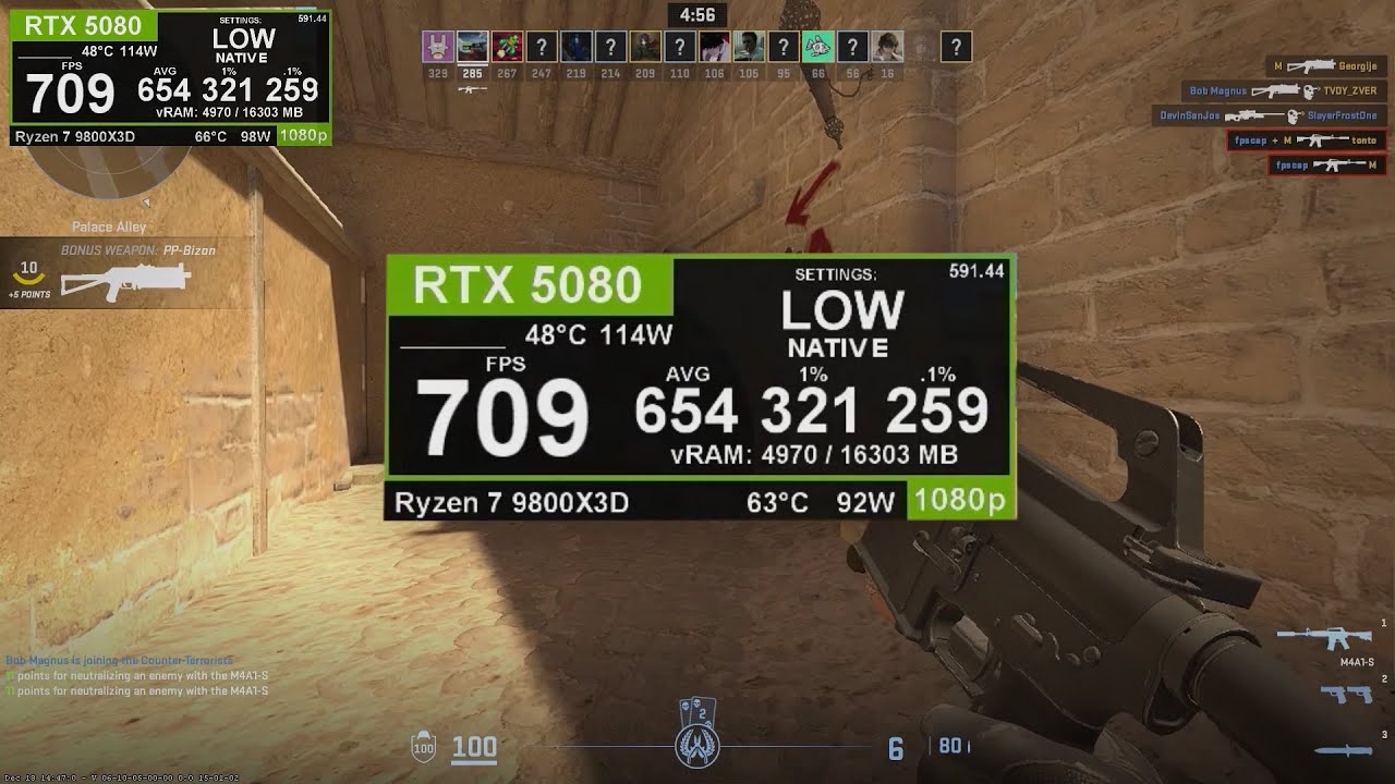 Counter Strike 2: RTX 5080 + Ryzen 7 9800X3D LOW vs HIGH fps test 1080p 500hz