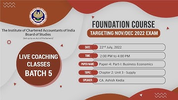 Foundation Paper 4: Part-I:BE | Topic: Chapter 2: Unit 3 - Supply | Session 2 | 22 July, 2022