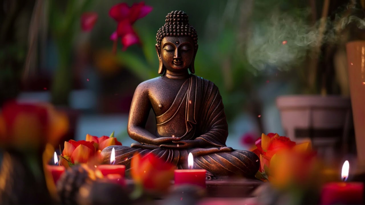 | Zen Serenity | Bronze Buddha Statue amidst Flickering Red Candles | 🕯️ 🔥 | Locus Flowers 🌺