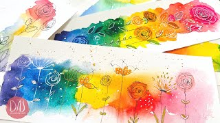 Painting Rainbow Flower Bookmarks Watercolor tutorial - Learn Quick and Easy Painting for Beginners