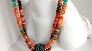 925 Sterling Silver Turquoise and Orange Spiny Oyster Beaded Necklace