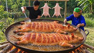 Crispy Fried Wild Boar – Giant Pan Cooking with Grandma – Traditional Wood-Fired Cooking