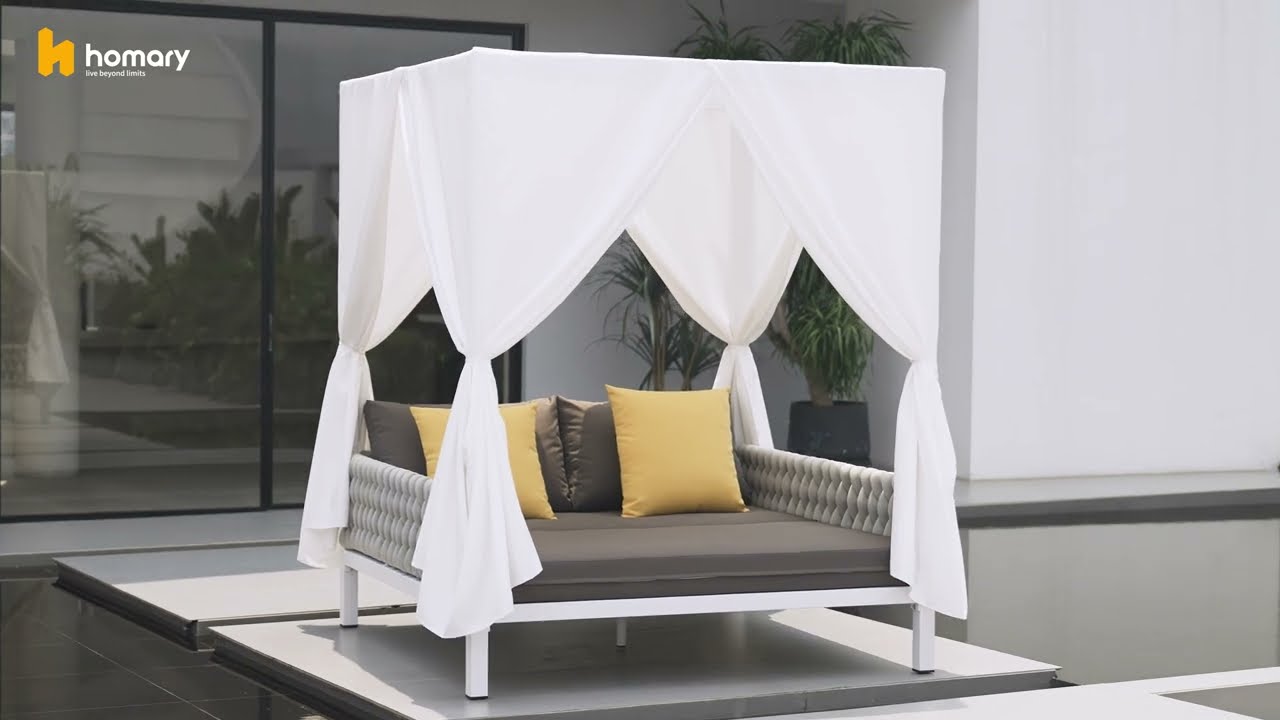 HOMARY l Luxury Lounging: White Aluminum & Gray Woven Rope Patio Daybed 🌞🛏️