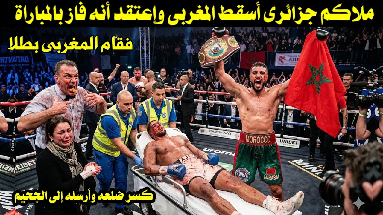 ملاكم جزائرى أسقط المغربى وإعتقد أنه فاز بالمباراة فقام المغربى بطلا كسر ضلعه وأرسله إلى الجحيم 