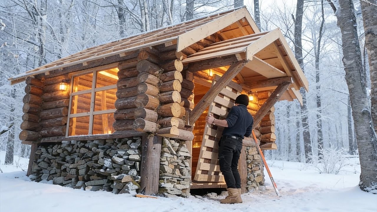 A Man Building a Cozy Log Cabin in the Snowy Mountains | Full Start-to ...