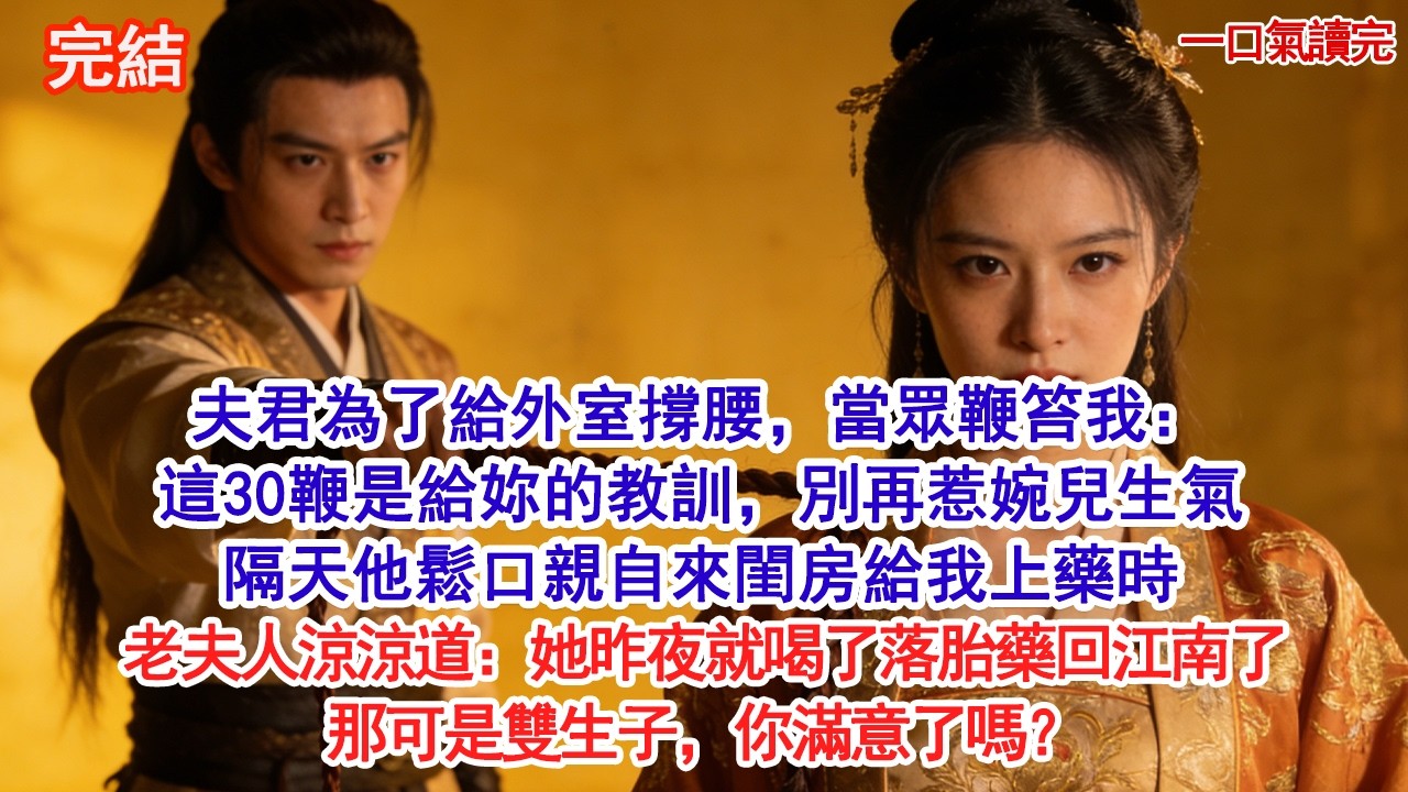 夫君為了給外室撐腰，當眾鞭笞我：這30鞭是給妳的教訓，別再惹婉兒生氣。隔天他鬆口親自來閨房給我上藥時，老夫人涼涼道：她昨夜就喝了落胎藥回江南了，那可是雙生子，你滿意了嗎？#古風#追妻火葬場#愛情#小說