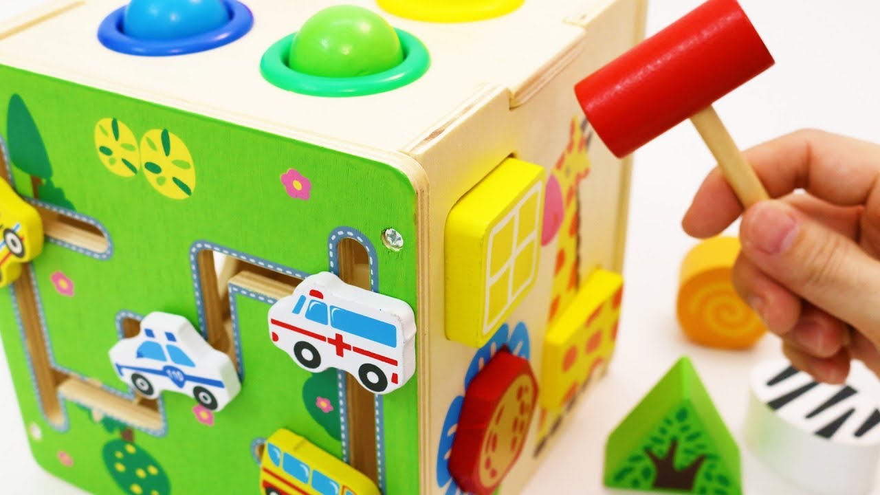 Wooden Box with Hammer Balls, Vehicles, Animals, Shapes Sorting Toys 