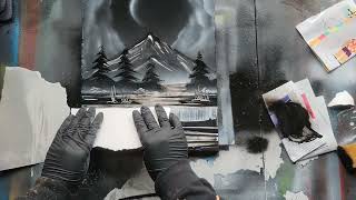 Black and White Mountain and Lake Spray Paint Art