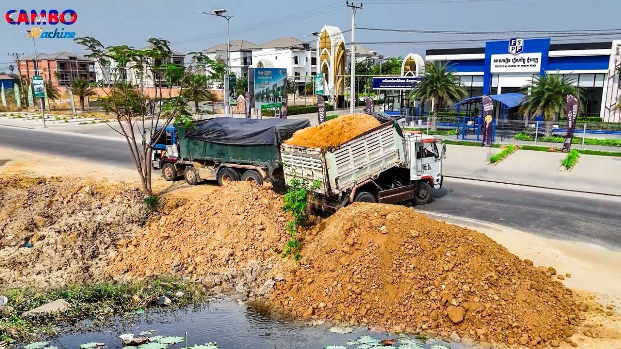 Nicely START PROJECT LANDFILL by Best Driver Dozer KOMATSU Pushing soil & Dump Trucks unloading soil