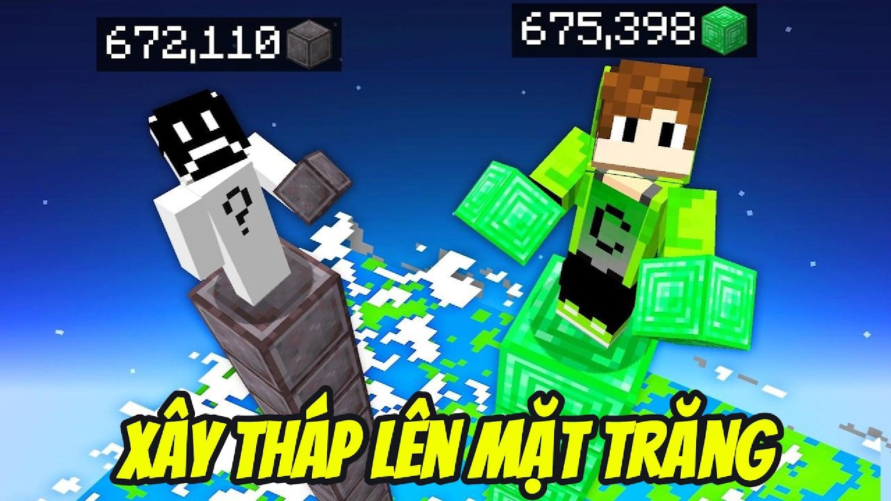 THỬ THÁCH CHIẾN THẮNG TRẬN ĐẤU XÂY THÁP LÊN MẶT TRĂNG TRONG MINECRAFT SIÊU BẤT ỔN 🤣